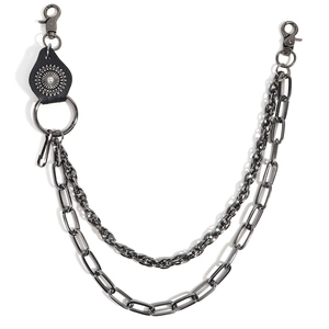 Vintage punk multilayer gunmetal pant chain with leather sunburst charm and lobster clasps