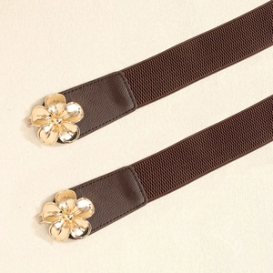 Elastischer Taillengürtel für Damen mit goldener Blumenschnalle und braunem Band