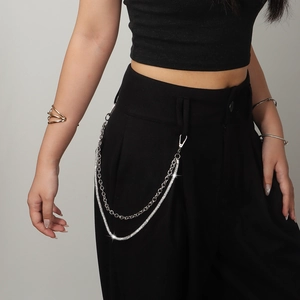 Detail of multi-layer silver pants chain with rhinestones and punk hip-hop style metal links