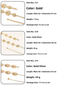 Detail view of retro western metal waist chains in gold and silver with various textures
