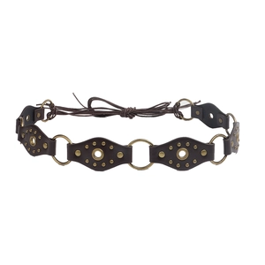 Vintage dark brown studded leather belt with metallic rings and lace-up back design
