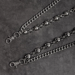 Detail view of multi-layer hip-hop punk skull pants chain with silver metal lobster clasps