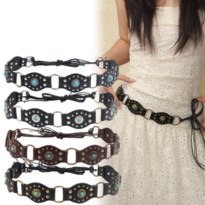 Ceinture de Taille en Cuir PU Vintage Bohême pour Femmes Corde Tressée Ethnique Avec Perles Turquoise Anneaux Métalliques Rivets