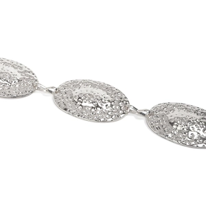 Detail of silver western metal waist chain featuring oval hammered texture link plates