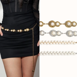 Vintage Faux Artificial Pearl Waist Chain For Women Elegant Metal Link Belt Adjustable Body Chain Gold Silver Dress Accessory Jewelry