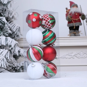 8-piece festive Christmas ball set with red, green, and white painted patterns in a gift box