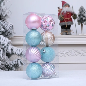 Set of 8 festive Christmas ball ornaments in pink blue and gold colors for home decoration