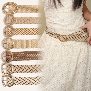 Cinturón de Paja Tejido Bohemio para Mujer Cinturón de Cintura a la Moda con Hebilla de Metal Dorado para Vestidos Verano Playa Vacaciones Accesorio