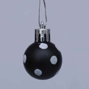 Set of 24 black and white Christmas ball ornaments with silver polka dots and hanging string