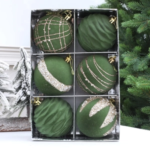 Set di 6 palline di Natale verde scuro con glitter dorati e texture a fiocco di neve