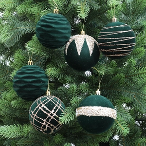 Set di 6 palline di Natale da 8 cm verde scuro floccate con glitter dorati