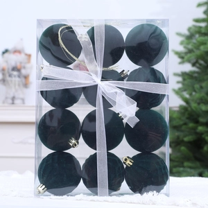 Set di 12 palline di Natale floccate verde scuro in scatola regalo con fiocco bianco