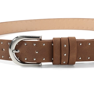 Brown suede leather belt with silver round rivets and vintage metal buckle for women
