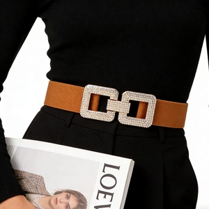Ceinture élastique marron pour femme avec boucles carrées ornées de strass brillants