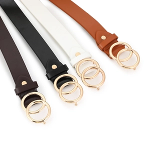 Women's Fashion Double O-Ring Buckle PU Leather Belt Minimalist Chic Thin Waistband For Jeans Dresses Simple Alloy Buckle Waist Belt