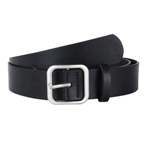 Classic black leather belt with silver matte square buckle for casual and office wear