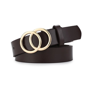 Close-up of golden double O-ring buckle on a dark brown leather fashion belt