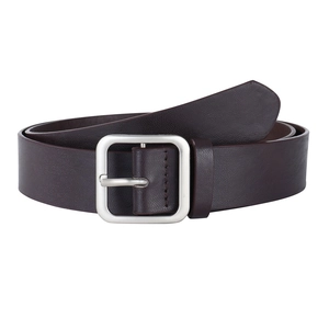 Classic dark brown leather belt with silver matte square buckle for jeans and trousers