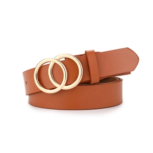 Classic brown leather belt featuring a stylish double golden ring metal buckle