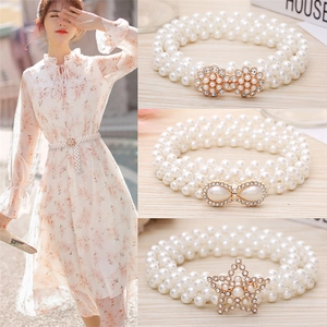 Korean Style Women Elastic Artificial Pearl Waist Chain Rhinestone Inlaid Flower Butterfly Bow Jewelry Belt For Dress Decoration Party Accessory