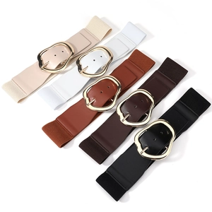 Five assorted colors of wide elastic waist belts with chunky irregular gold buckles