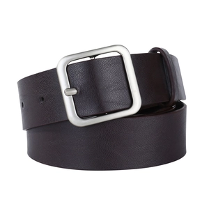 Detail of dark brown leather belt with lychee texture and silver square pin buckle