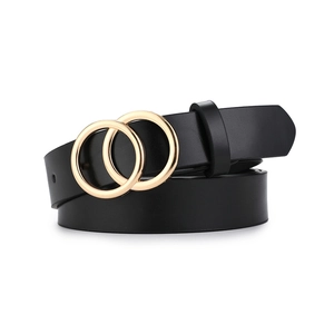 Classic black leather belt for women featuring a minimalist polished gold double ring buckle