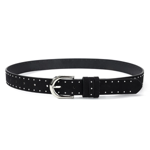 Close-up of black suede belt with double row silver studs and polished metal buckle
