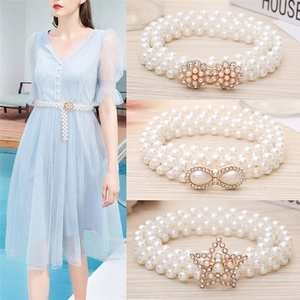 Women's triple-row pearl waist chain belt with rhinestone buckle for summer dresses