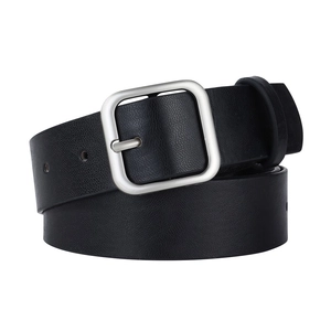 Detailed macro view of black lychee grain leather belt with silver square buckle