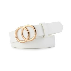 Close-up of white leather belt featuring a classic golden double-O ring buckle detail