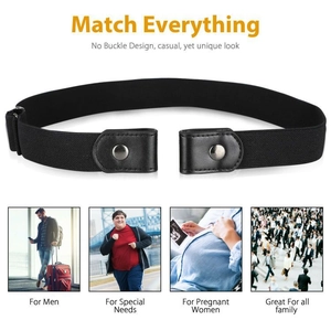 Macro detail of black buckle-free elastic belt with leather ends and metallic snap button