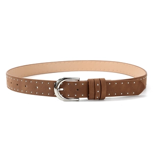 Detail of brown suede belt featuring double rows of silver studs and a polished D-ring buckle