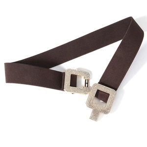 Ceinture élastique marron foncé pour femme avec boucle carrée ornée de strass