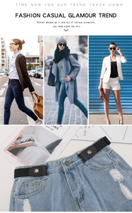 Detail showing invisible elastic belt styling on models and assembly on denim jeans