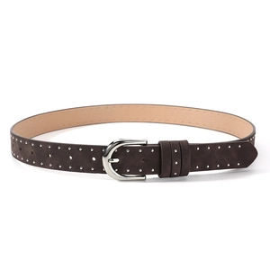 Close-up of brown suede belt with dual-row silver metal studs and polished D-ring buckle