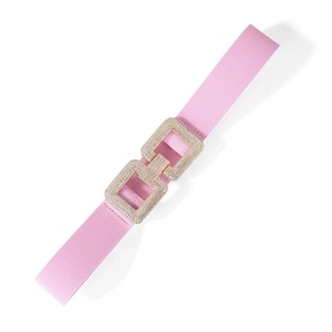 Close-up of pink elastic belt featuring a sparkling rhinestone interlocking buckle