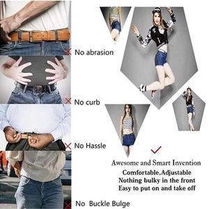 Detail showing comparison between bulky traditional belts and this buckle-free elastic belt