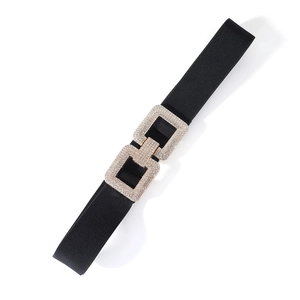 Detail of elegant black elastic waist belt with double rectangular rhinestone buckle