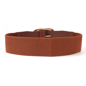 Fashionable caramel brown elastic wide waist belt with elegant gold buckle for dresses