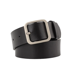 Vintage black leather belt with square silver buckle for jeans, unisex minimalist style
