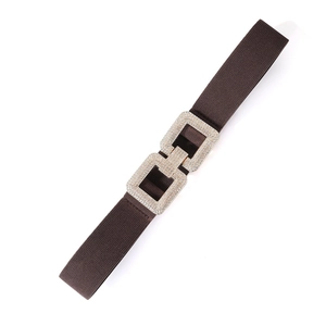 Detail of dark brown elastic belt with rhinestone interlocking metal buckle design