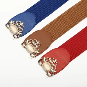 Elastic wide belt set in blue, brown, and red with vintage gold rhinestone buckles