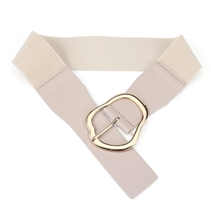 Women's chic beige elastic wide belt with irregular gold buckle for dresses