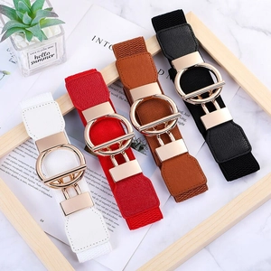 Elastic wide belts for women with gold round buckle in white, red, brown, and black colors