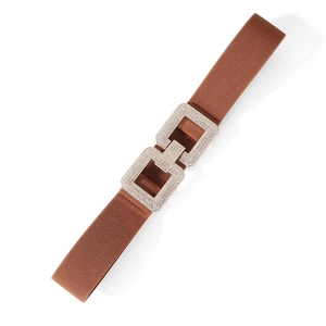 Detail of a brown elastic waist belt with a luxury rhinestone double rectangle buckle
