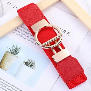 Macro detail of red elastic waist belt featuring golden interlocking circle buckle and PU leather