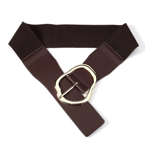 Detail of coffee brown wide elastic waist belt with an irregular gold metal buckle