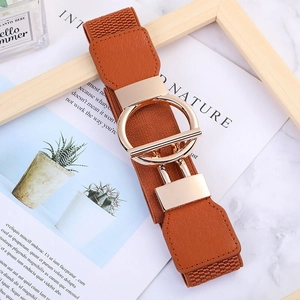 Detail of a brown elastic wide waist belt with a polished gold metal T-bar buckle