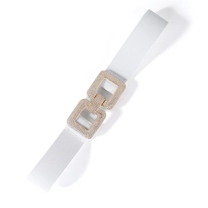 Close-up of interlocking square buckle with rhinestones on white elastic waist belt